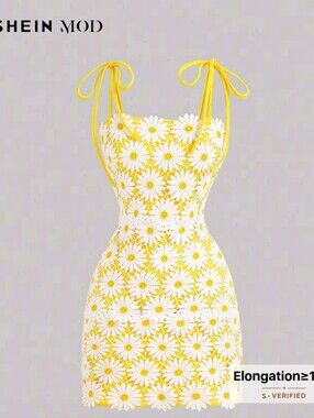 SHEIN Yellow & White Daisy Tie-Strap Mini Dress